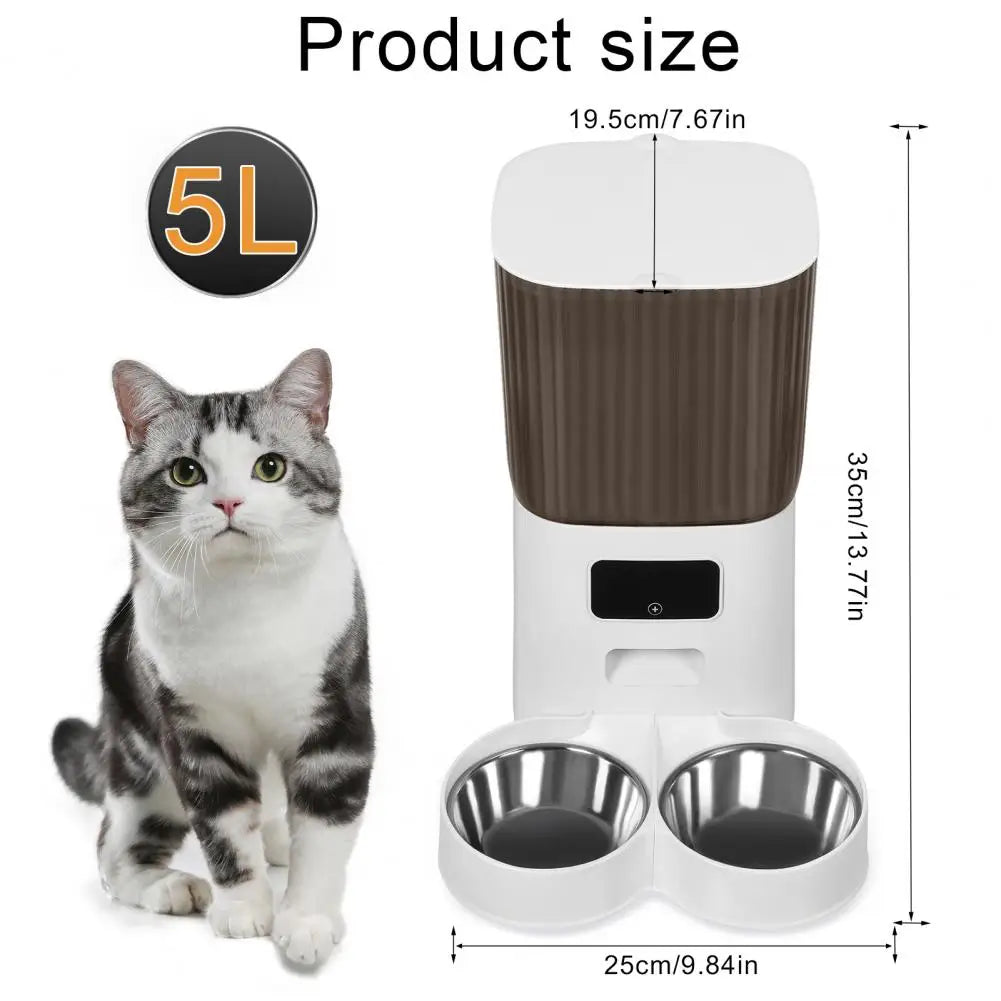 Smart Pet Feeder with Dual Bowls – 5L Transparent Storage, WiFi App Control, Automatic Timed Dispensing for Cats & Dogs