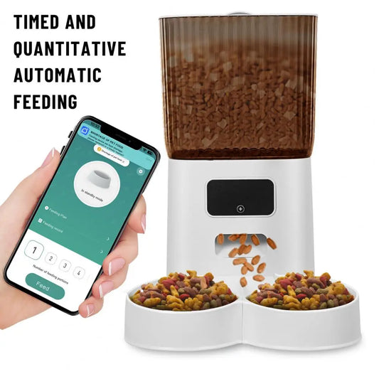 Smart Pet Feeder with Dual Bowls – 5L Transparent Storage, WiFi App Control, Automatic Timed Dispensing for Cats & Dogs