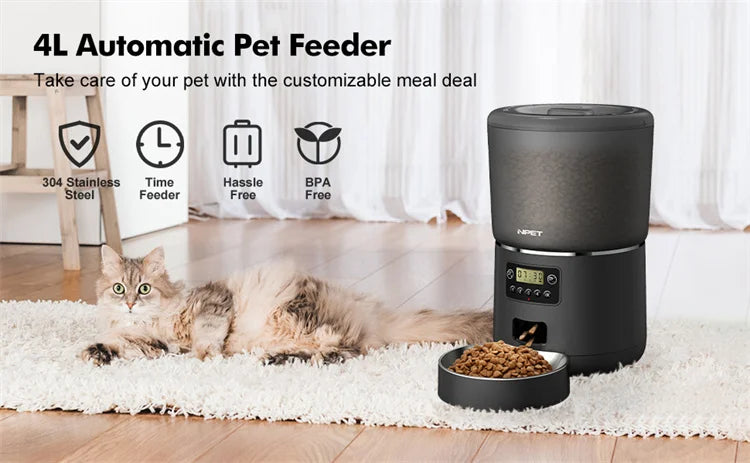 NPET 4L Smart Automatic Pet Feeder – Programmable Food Dispenser with Stainless Steel Bowl for Cats & Dogs